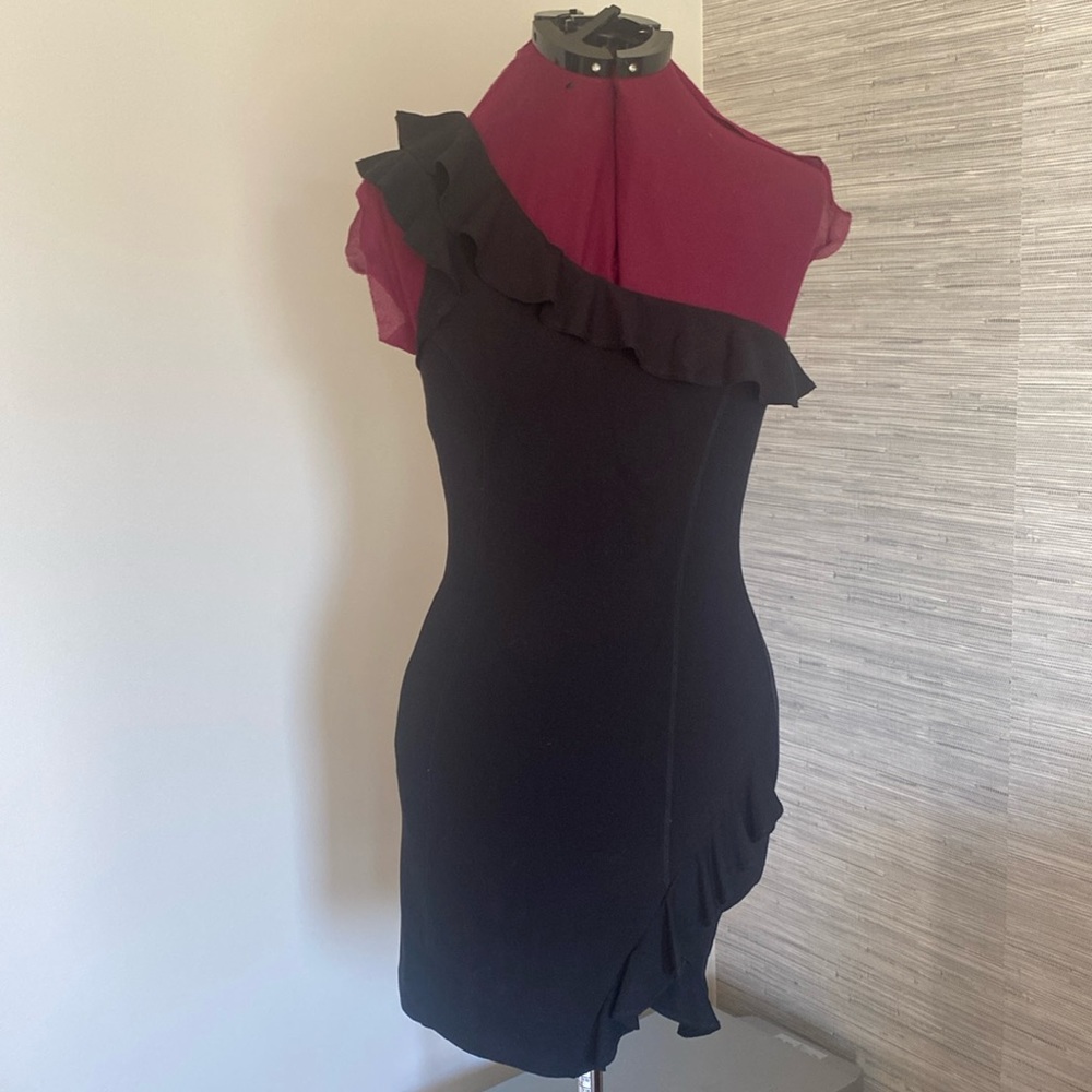 Free People One Shoulder Black Ruffled Mini Dress (Size S)